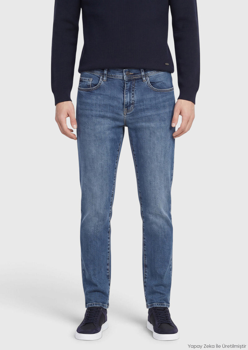 Koyu Mavi Slim Fit Denim Pamuk Karışımlı Pantolon