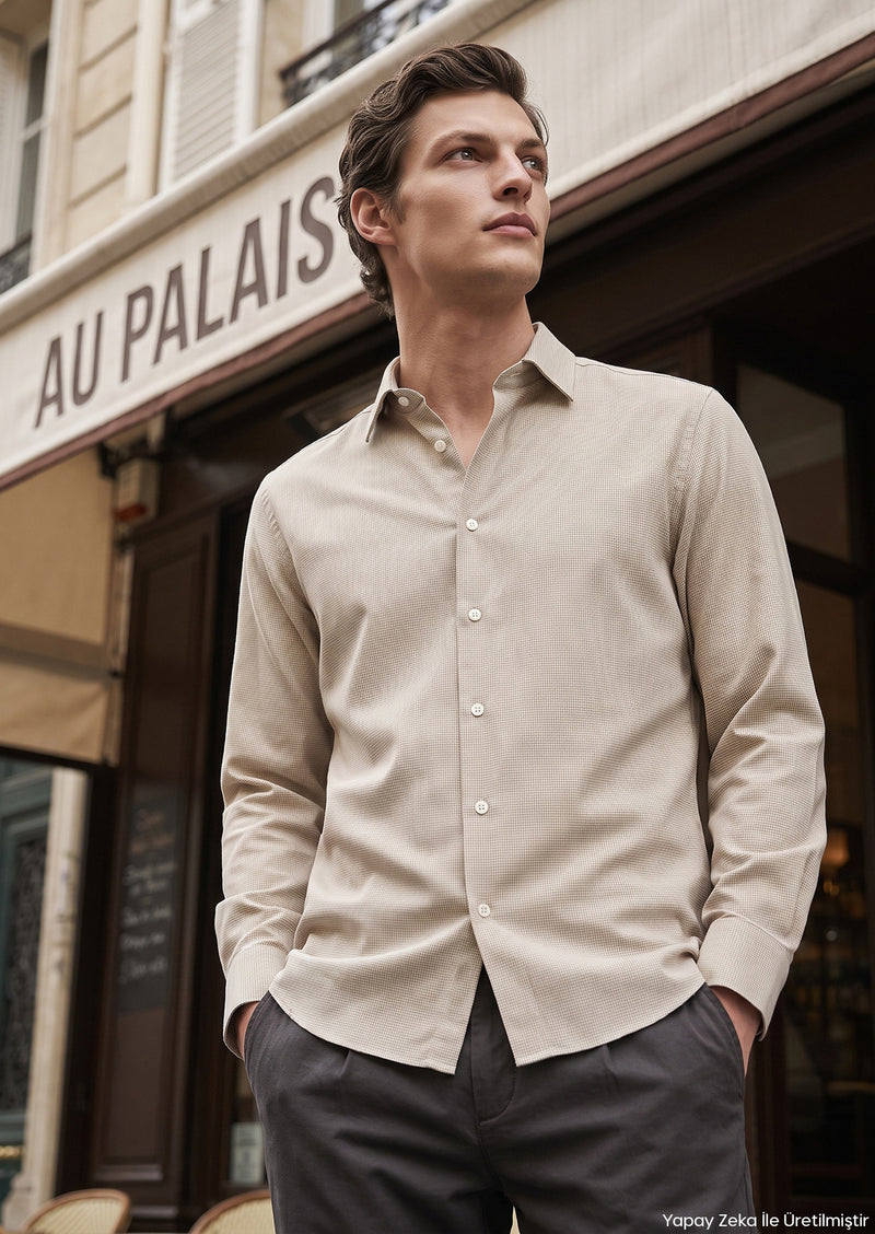 Bej Mikro Casual Fit Uzun Dokuma Casual %100 Pamuk Gömlek