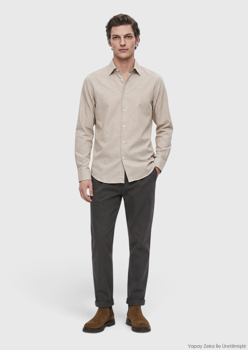 Bej Mikro Casual Fit Uzun Dokuma Casual %100 Pamuk Gömlek