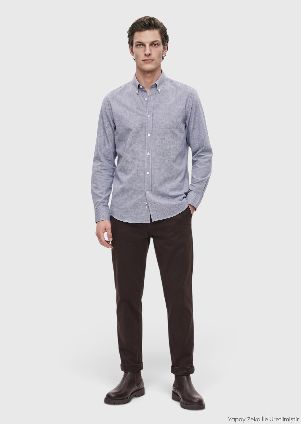 İndigo Mikro Casual Fit Uzun Dokuma Casual %100 Pamuk Gömlek