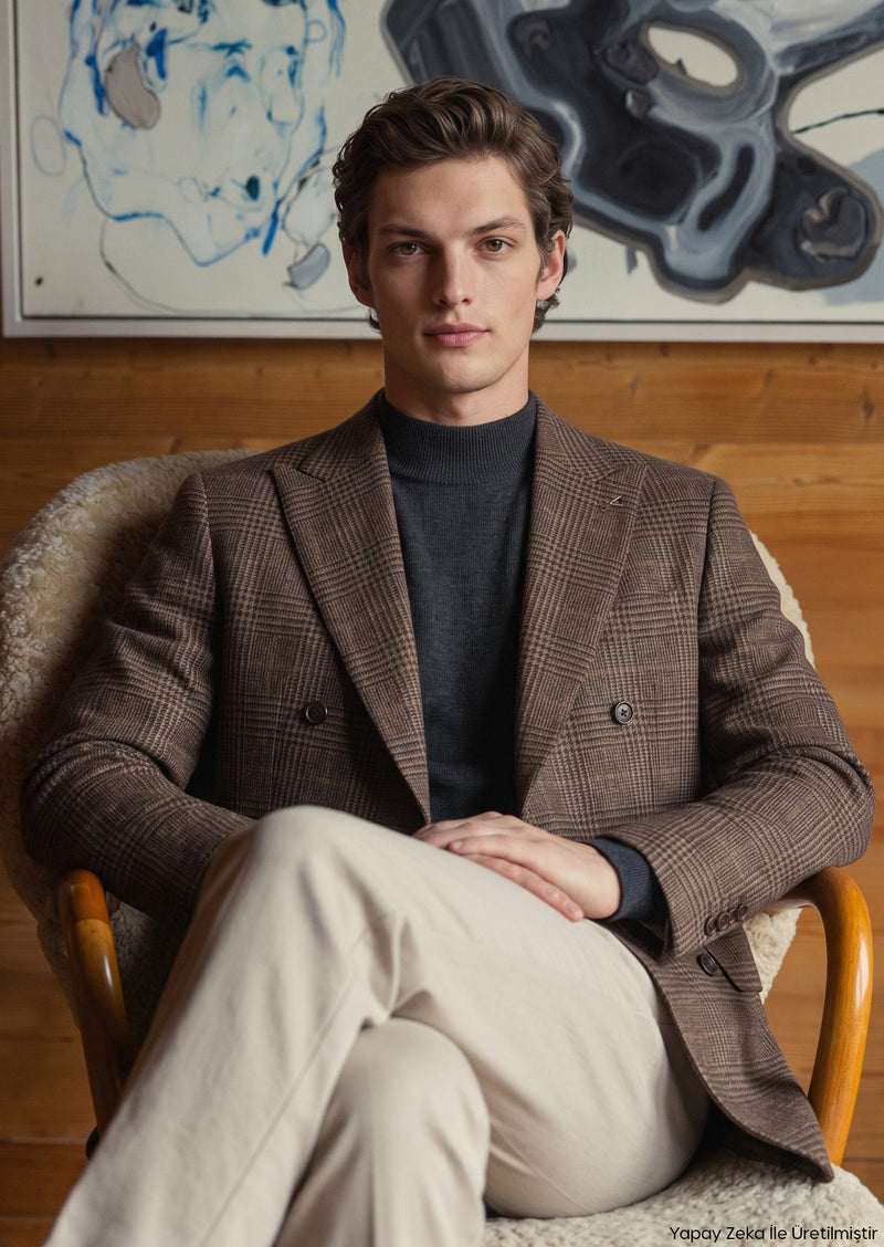 Açık Kahve Kareli Zeroweight Slim Fit İpek Karışımlı Ceket