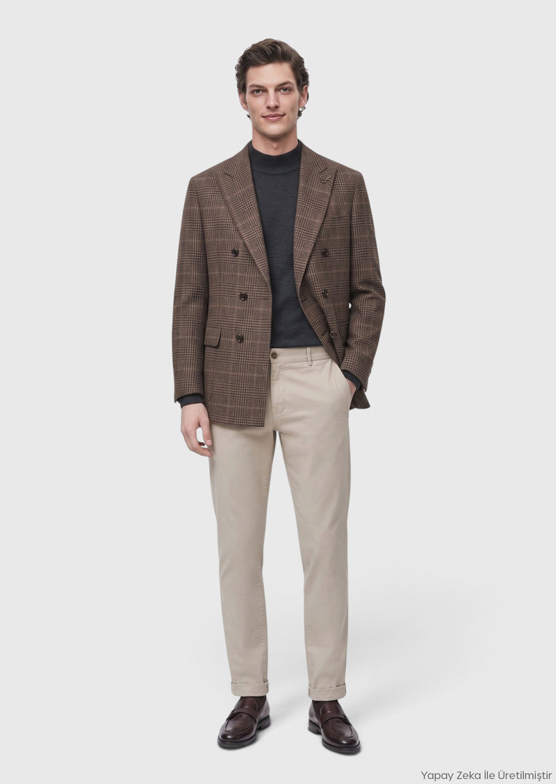 Açık Kahve Kareli Zeroweight Slim Fit İpek Karışımlı Ceket