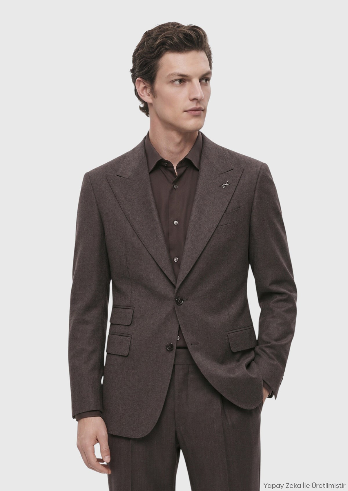 Kahverengi Düz Relaxed Fit %100 Yün Takım Elbise
