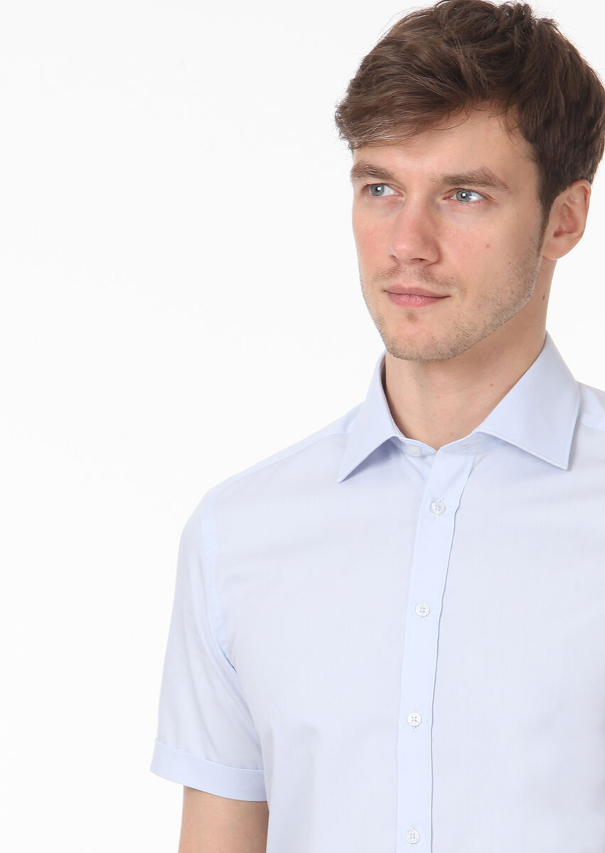 Açık Mavi Düz Regular Fit Dokuma Klasik Pamuk Karışımlı Gömlek