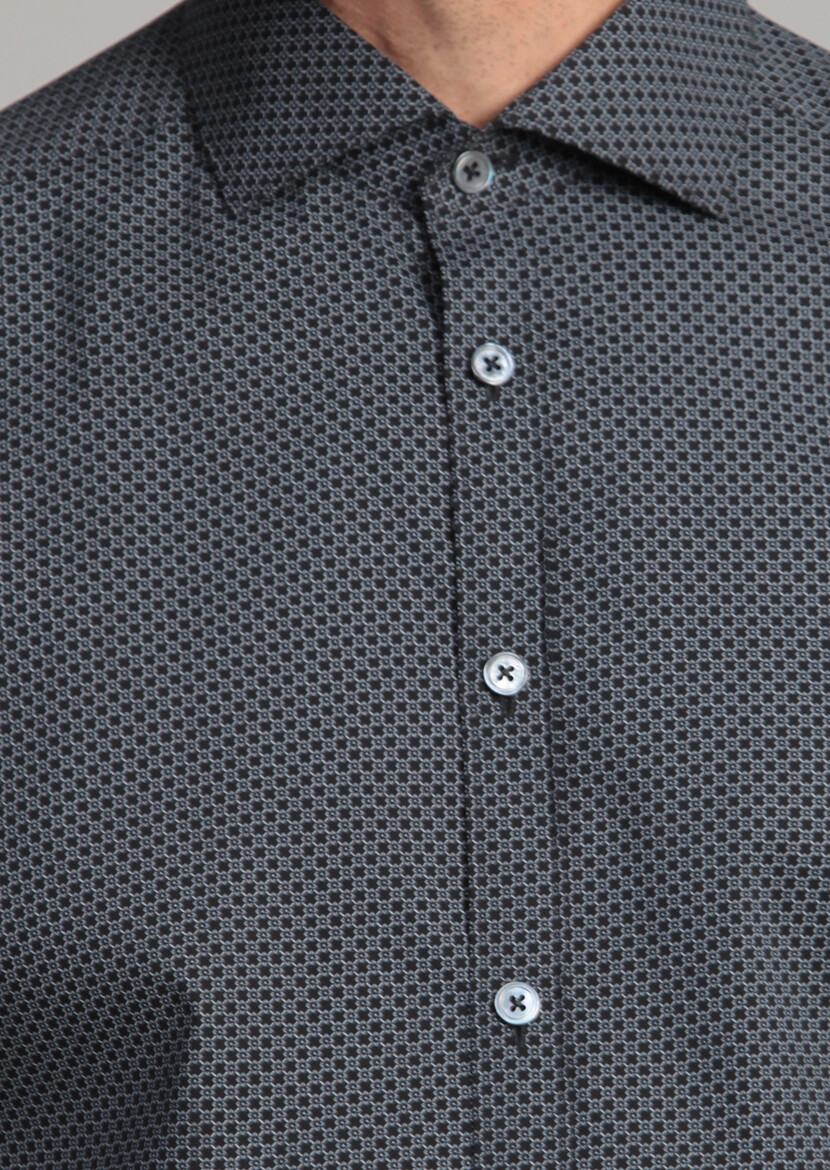 Siyah Baskılı Slim Fit Dokuma Klasik Pamuk Karışımlı Gömlek - Thumbnail