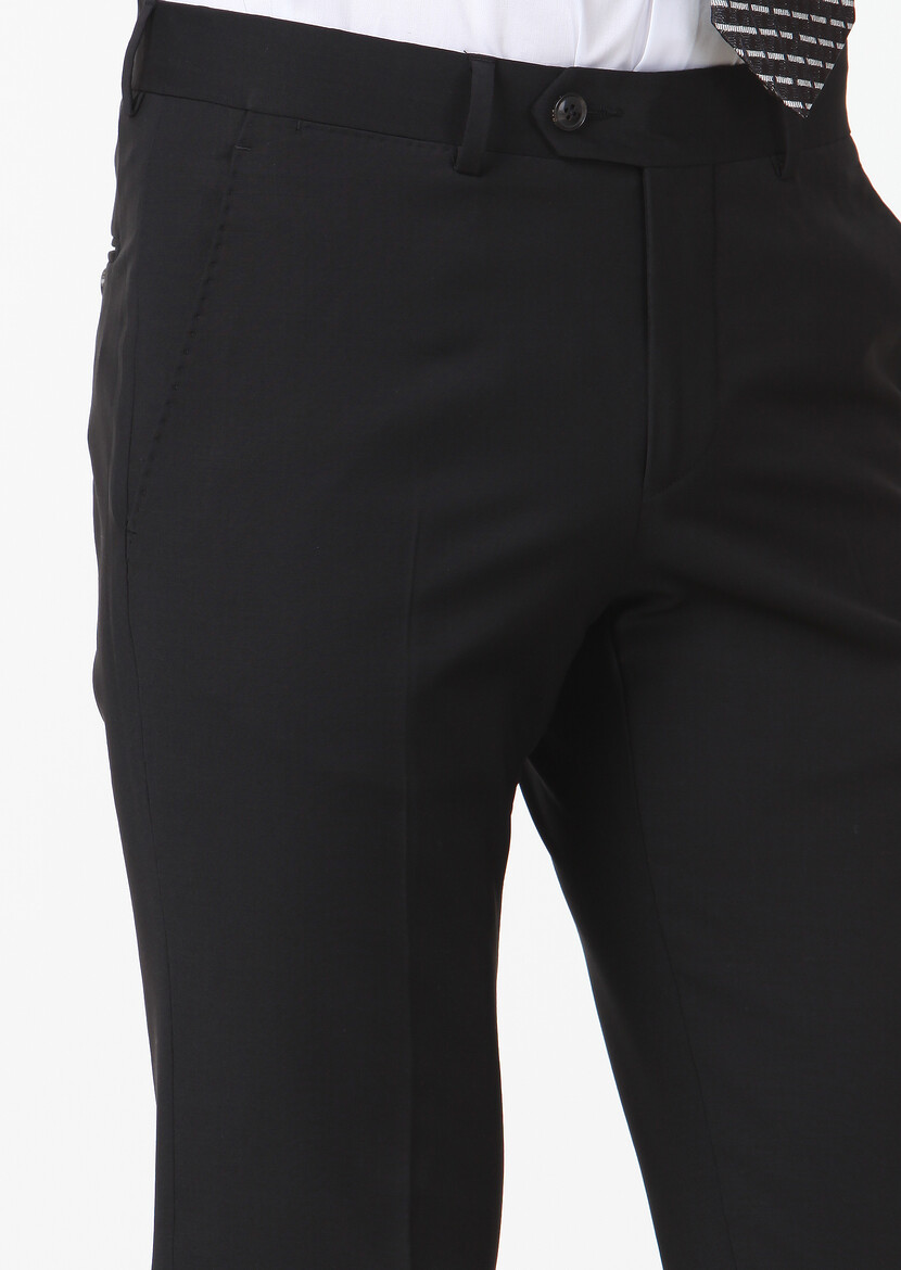 Siyah Düz Kumaş Modern Fit Klasik Yün Karışımlı Pantolon - Thumbnail