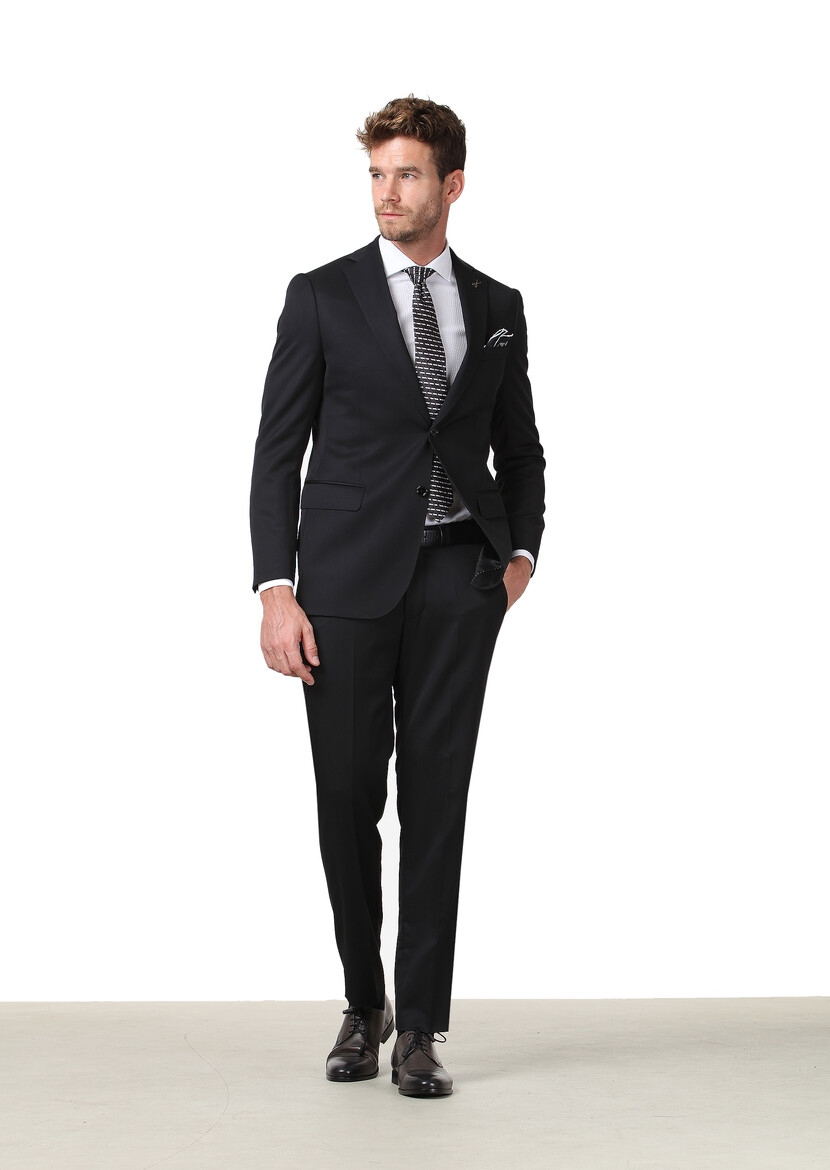 Siyah Düz Regular Fit %100 Yün Takım Elbise - Thumbnail