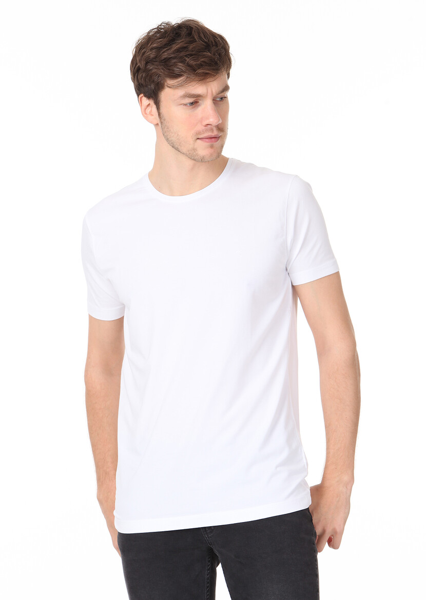 Beyaz Düz Pamuk Karışımlı T-Shirt - Thumbnail
