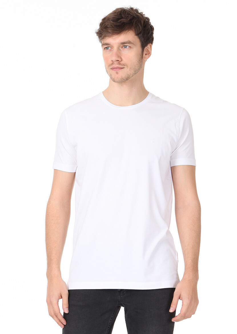 Beyaz Düz Pamuk Karışımlı T-Shirt - Thumbnail
