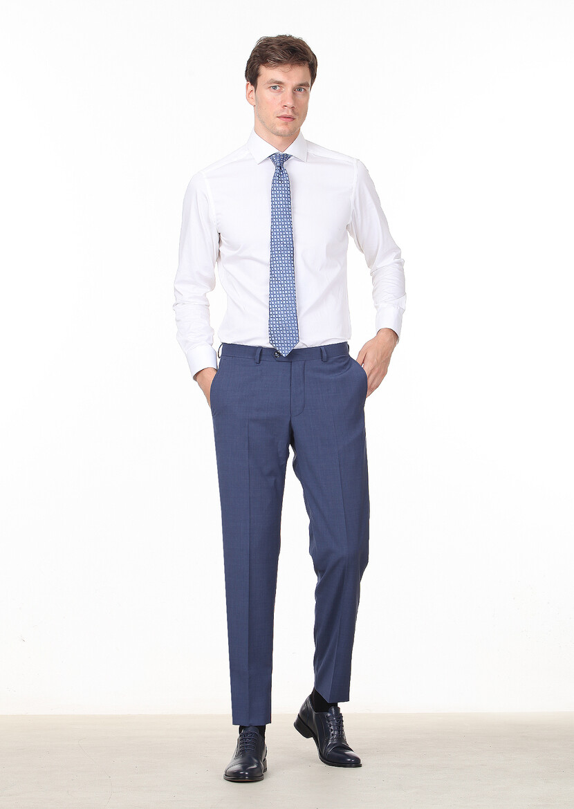 Mavi Düz Dokuma Regular Fit Klasik %100 Yün Pantolon - Thumbnail