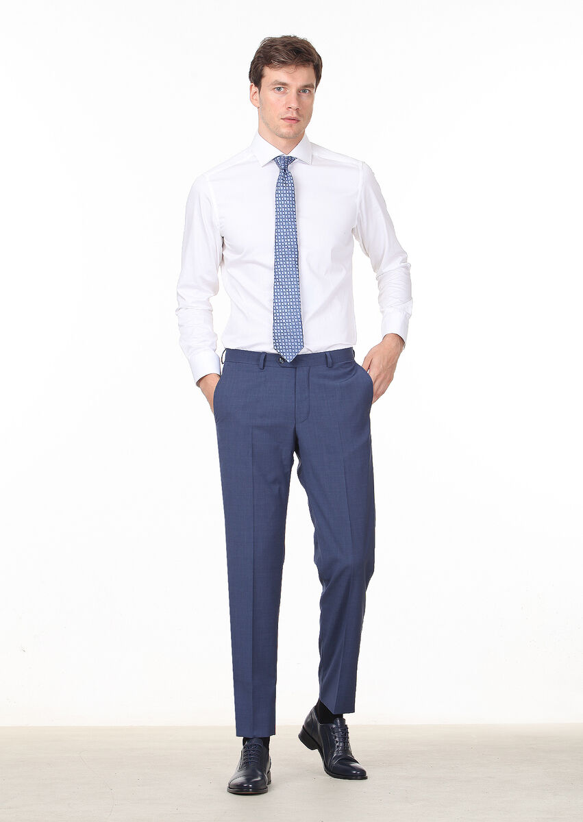 Mavi Düz Dokuma Regular Fit Klasik %100 Yün Pantolon
