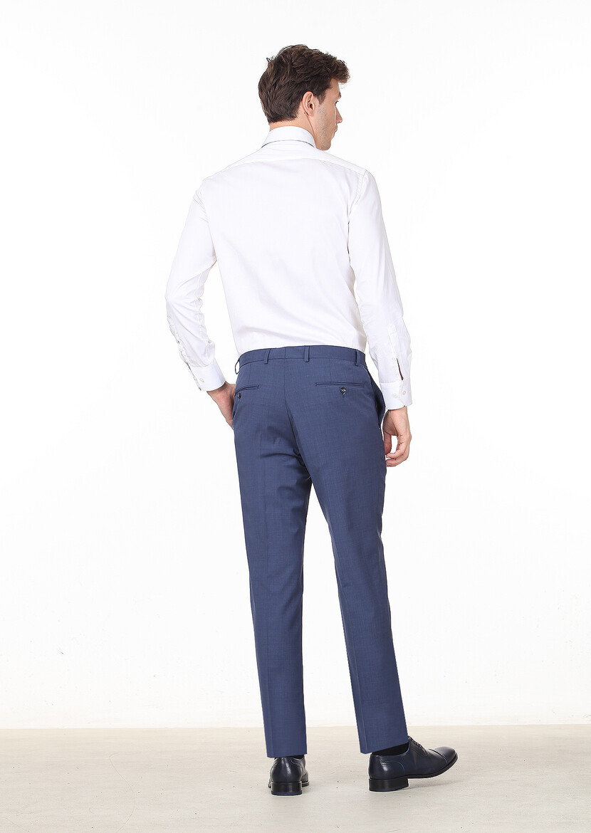 Mavi Düz Dokuma Regular Fit Klasik %100 Yün Pantolon - Thumbnail