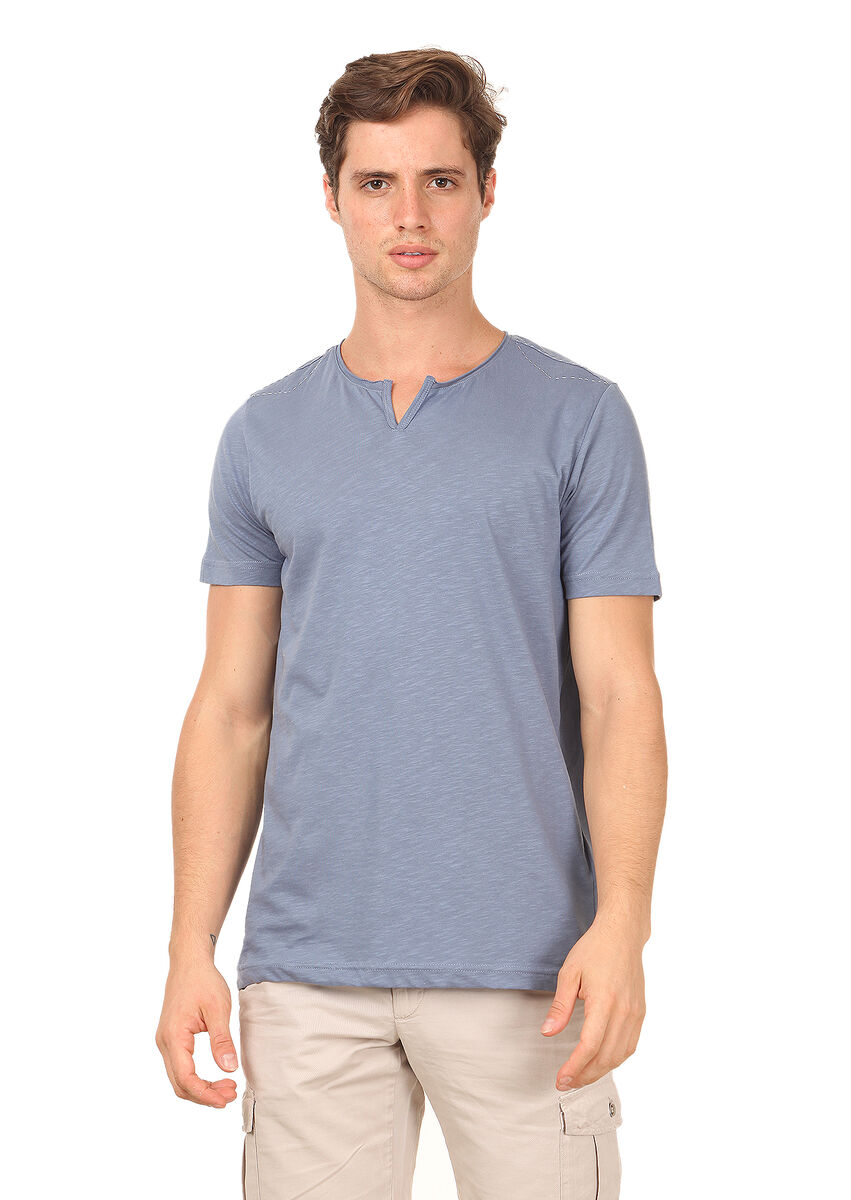 Mavi Düz %100 Pamuk T-Shirt