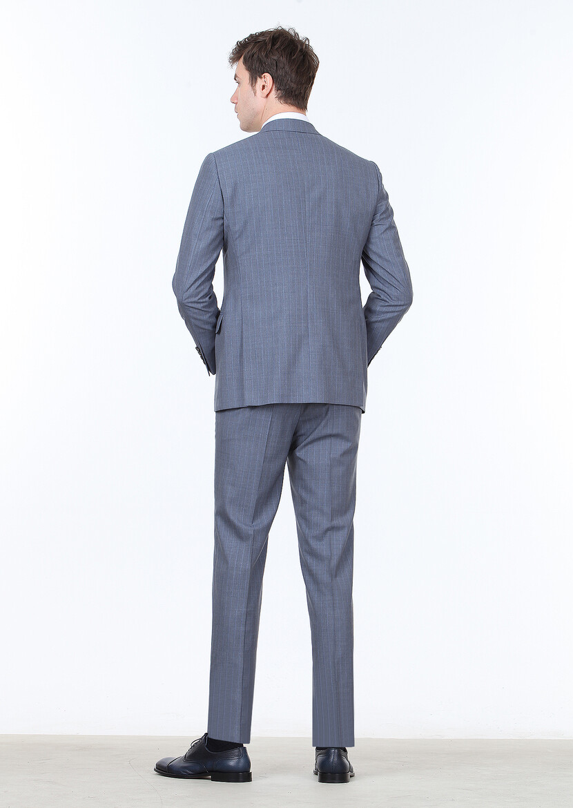 İndigo Çizgili Regular Fit %100 Yün Takım Elbise - Thumbnail