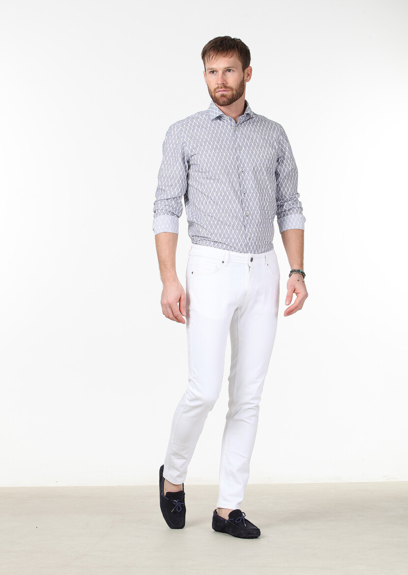 Beyaz Düz Slim Fit Denim Pamuk Karışımlı Pantolon - Thumbnail