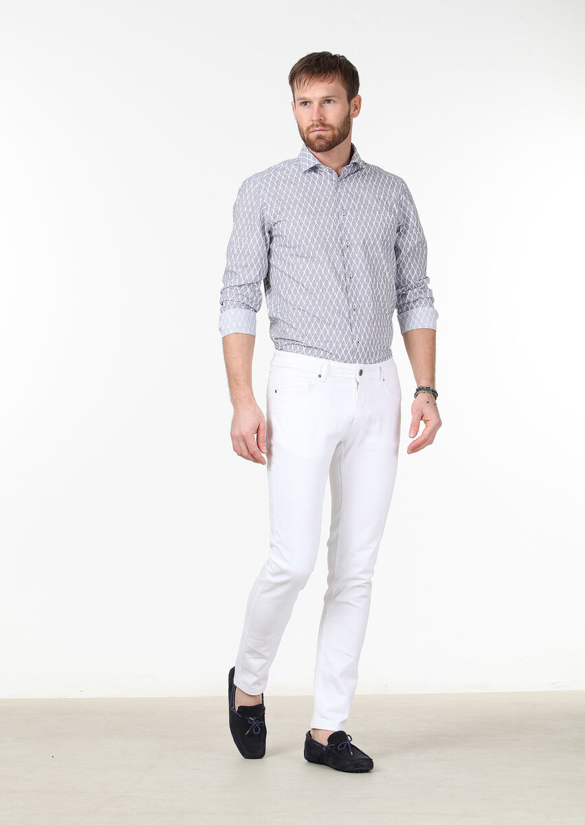 Beyaz Düz Slim Fit Denim Pamuk Karışımlı Pantolon