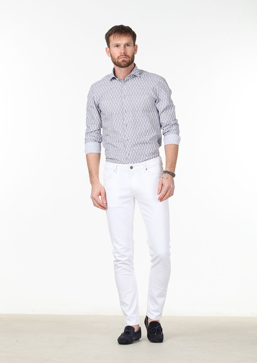 Beyaz Düz Slim Fit Denim Pamuk Karışımlı Pantolon