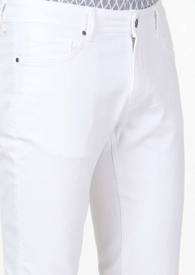 Beyaz Düz Slim Fit Denim Pamuk Karışımlı Pantolon - Thumbnail