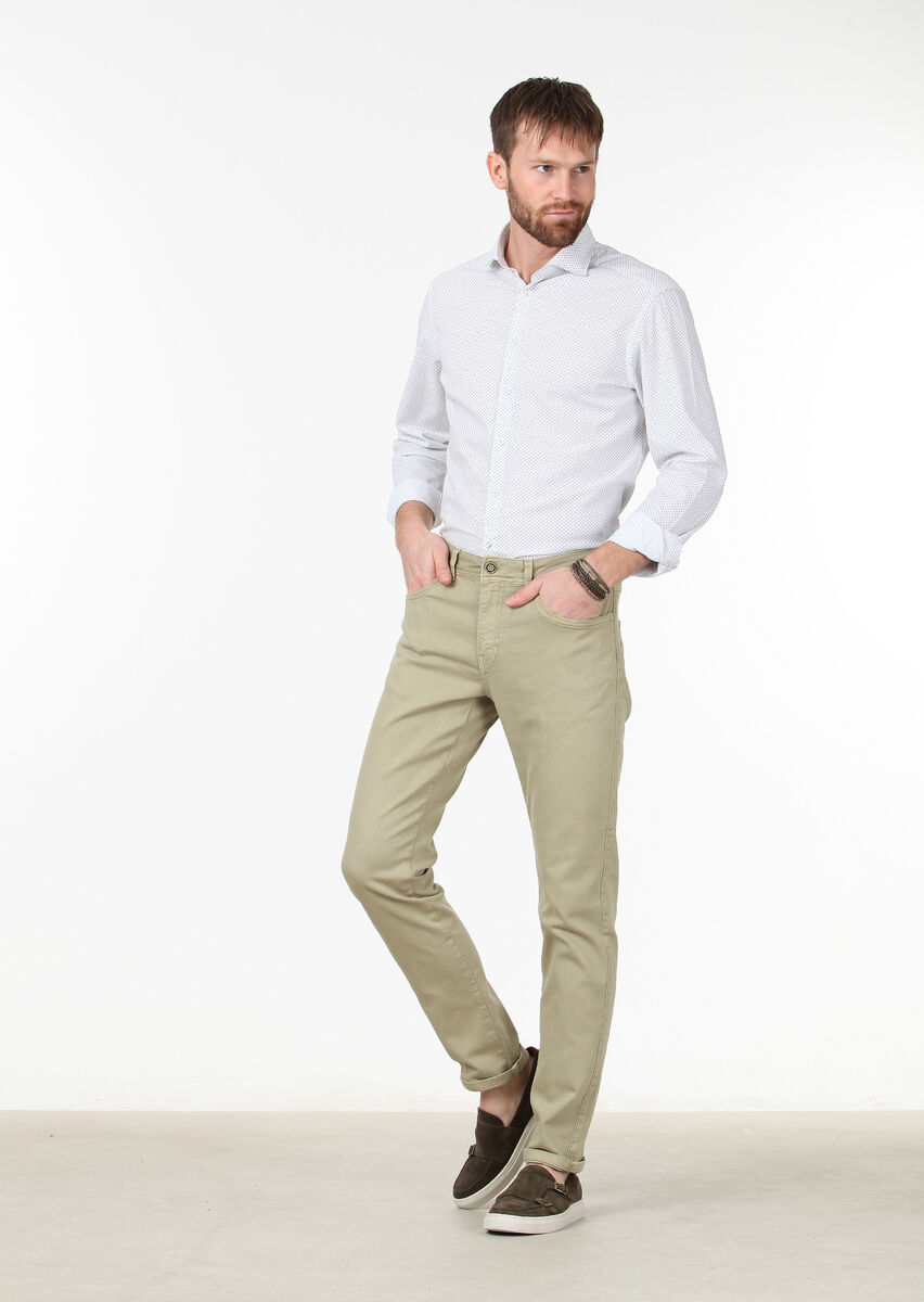 Yağ Yeşili Düz Dokuma Slim Fit Casual Pamuk Karışımlı Pantolon