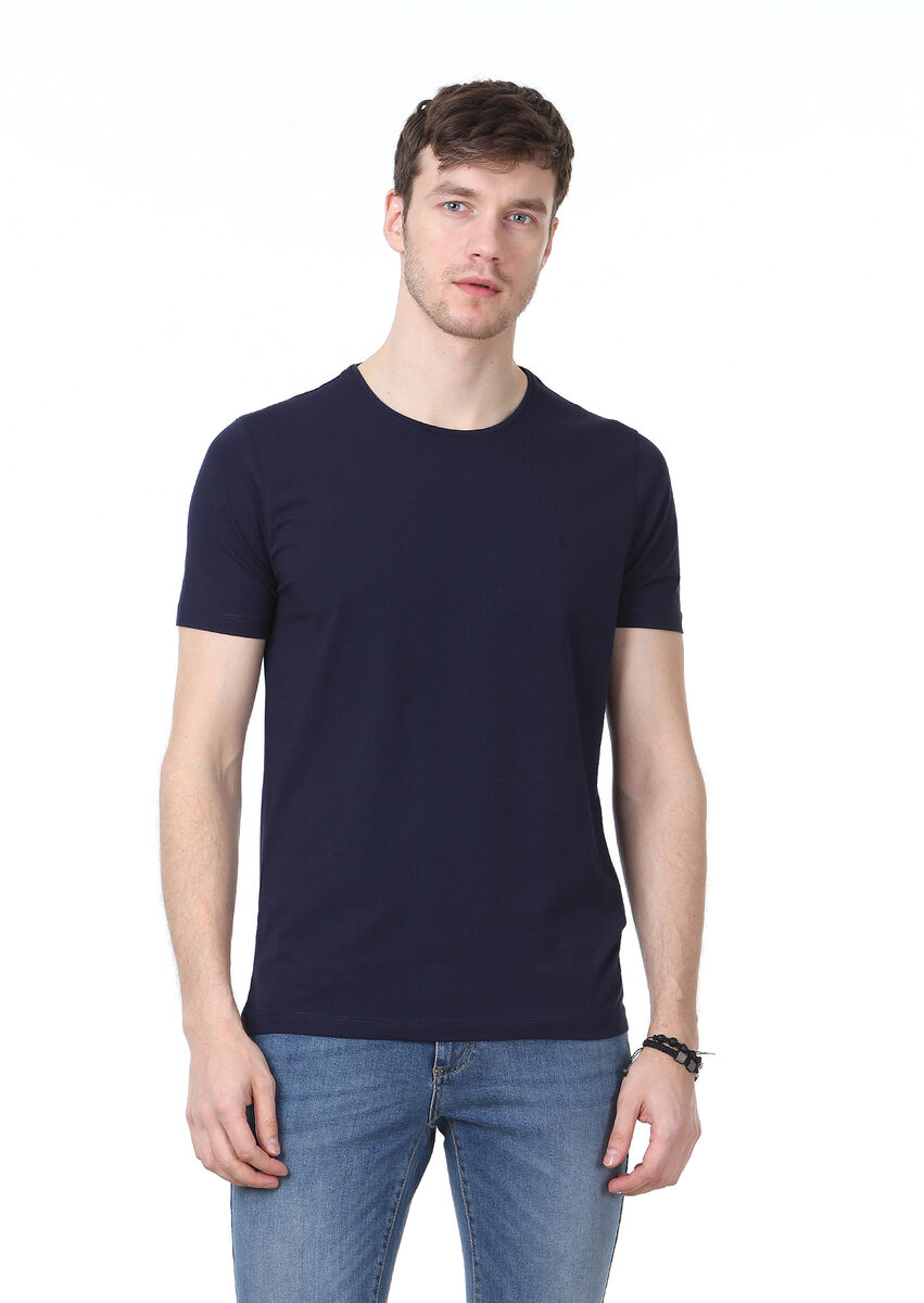 Lacivert Düz Pamuk Karışımlı T-Shirt