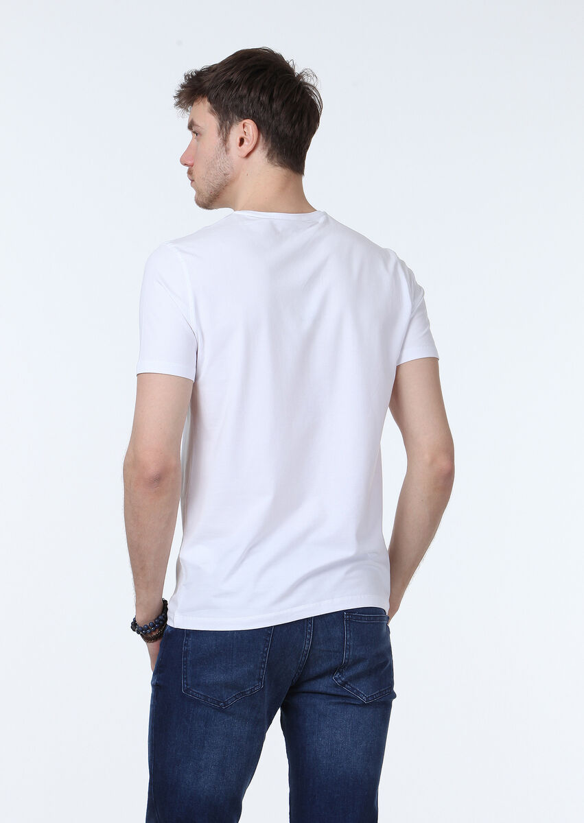 Beyaz Düz V Yaka Pamuk Karışımlı T-Shirt