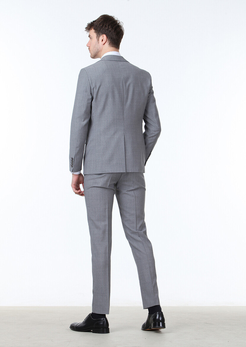 Gri Mikro Modern Fit %100 Yün Takım Elbise - Thumbnail