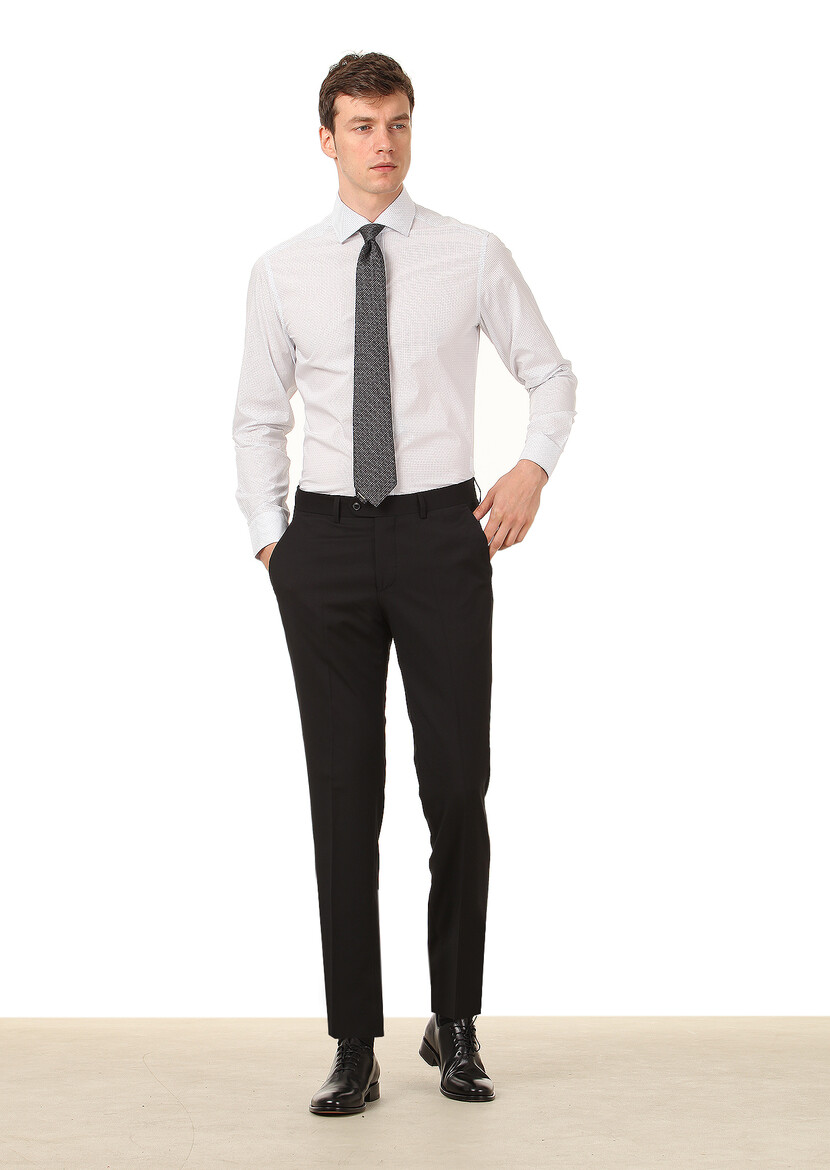 Siyah Düz Kumaş Modern Fit Klasik %100 Yün Pantolon - Thumbnail