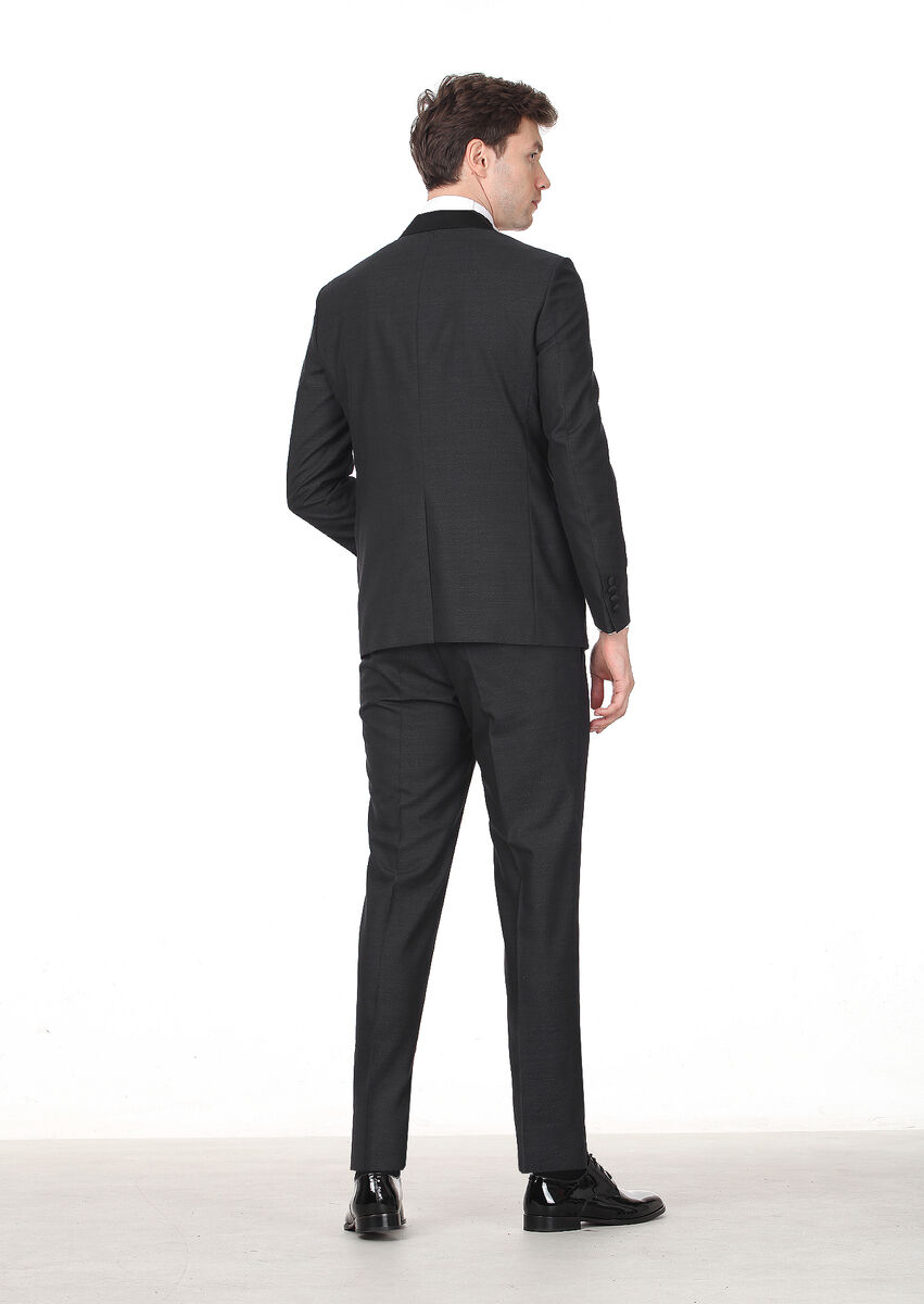 Siyah Desenli Modern Fit Kruvaze Yaka Dokuma Smokin Takım Elbise