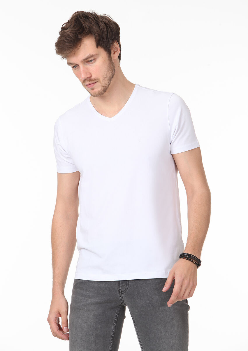 Beyaz Düz V Yaka Pamuk Karışımlı T-Shirt