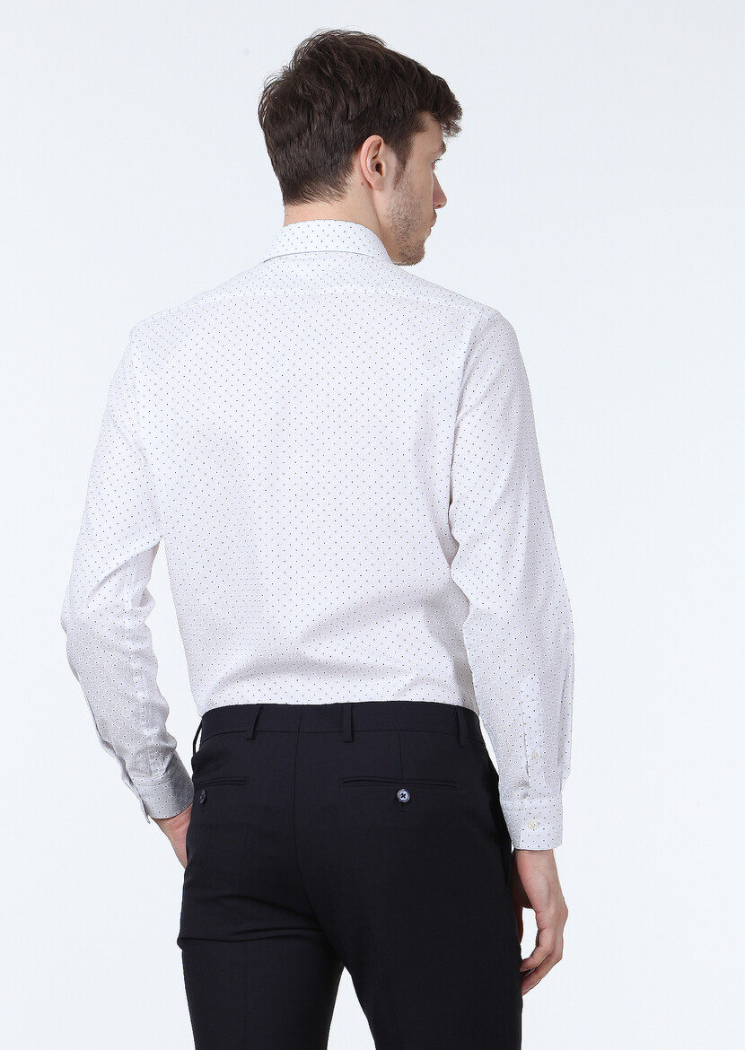 Beyaz Baskılı Slim Fit Dokuma Klasik %100 Pamuk Gömlek - Thumbnail