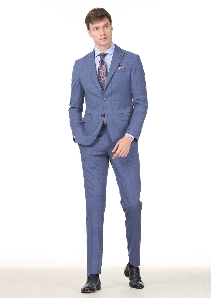 Koyu Mavi Kareli Modern Fit %100 Yün Takım Elbise - Thumbnail
