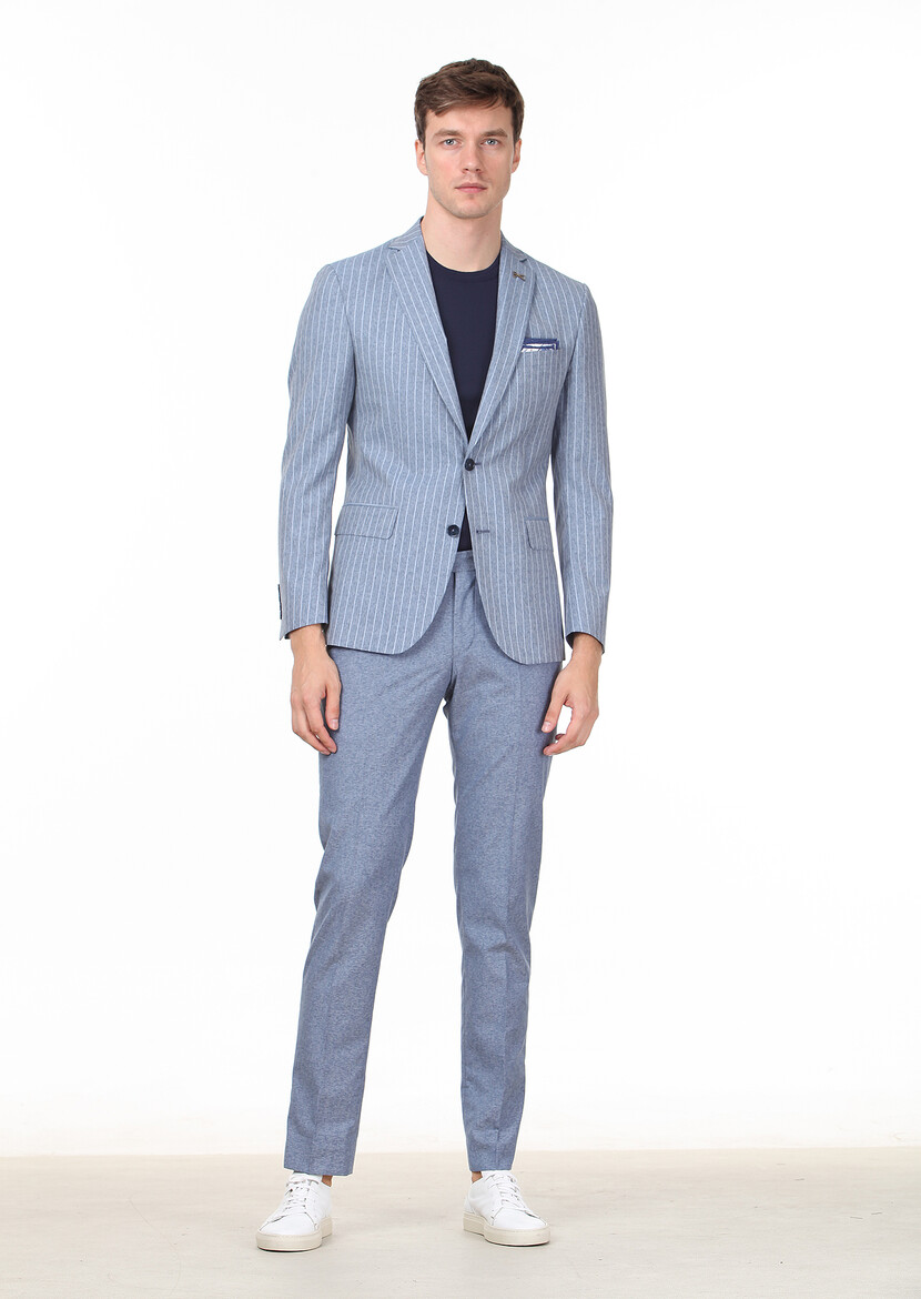 Mavi Çizgili Zeroweight Slim Fit Yün Karışımlı Takım Elbise - Thumbnail