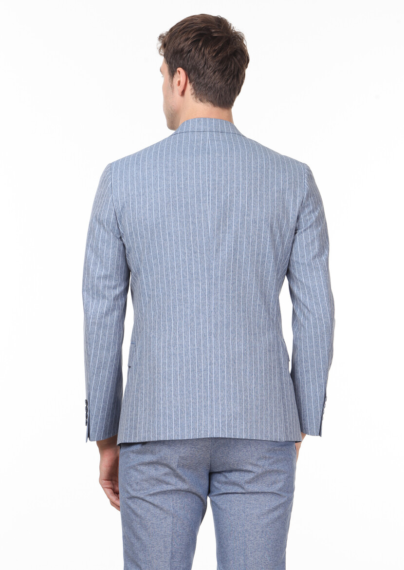 Mavi Çizgili Zeroweight Slim Fit Yün Karışımlı Takım Elbise - Thumbnail