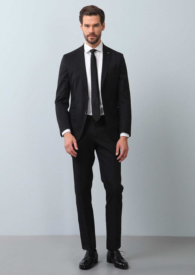 Siyah Mikro Shirt Shoulder-slim Fit Yün Karışımlı Takım Elbise - Thumbnail
