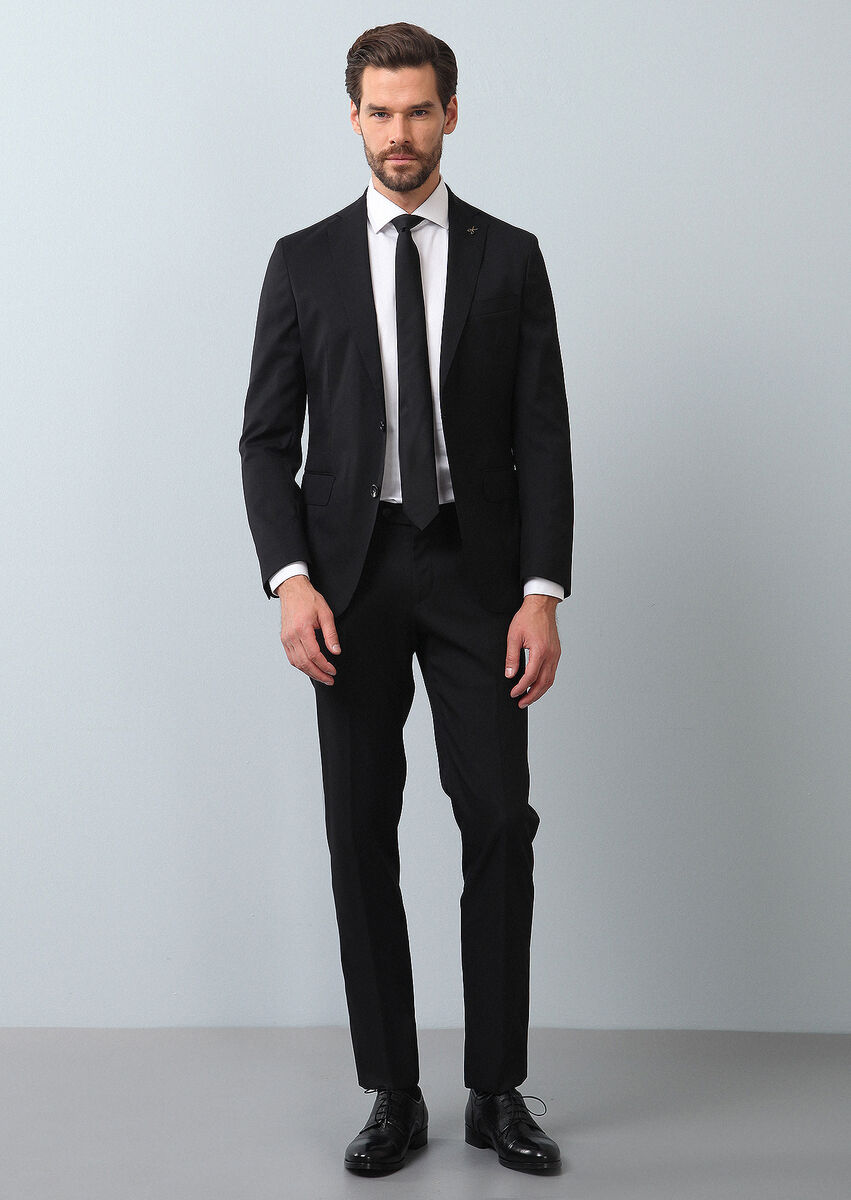 Siyah Mikro Shirt Shoulder-slim Fit Yün Karışımlı Takım Elbise