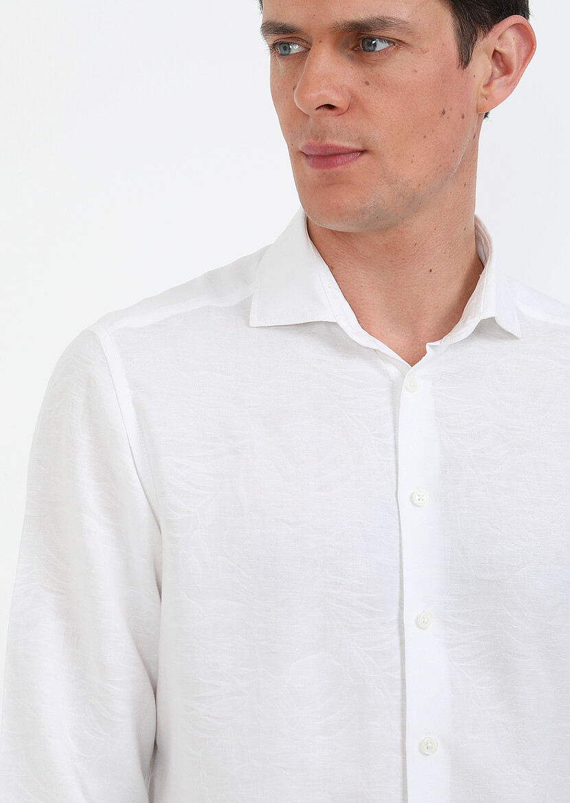 Beyaz Desenli Slim Fit Dokuma Casual Pamuk Karışımlı Gömlek - Thumbnail