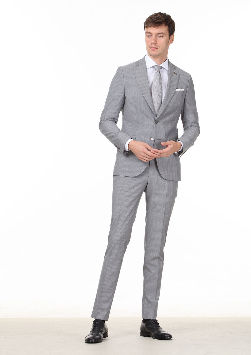 Gri Çizgili Thin&taller Slim Fit %100 Yün Takım Elbise