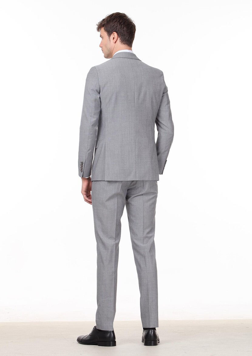 Gri Çizgili Thin&taller Slim Fit %100 Yün Takım Elbise - Thumbnail