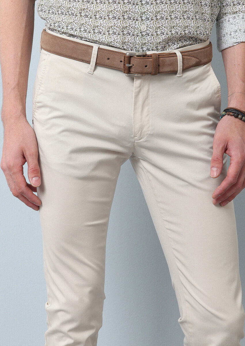 Ekru Düz Dokuma Slim Fit Smart Casual Pantolon