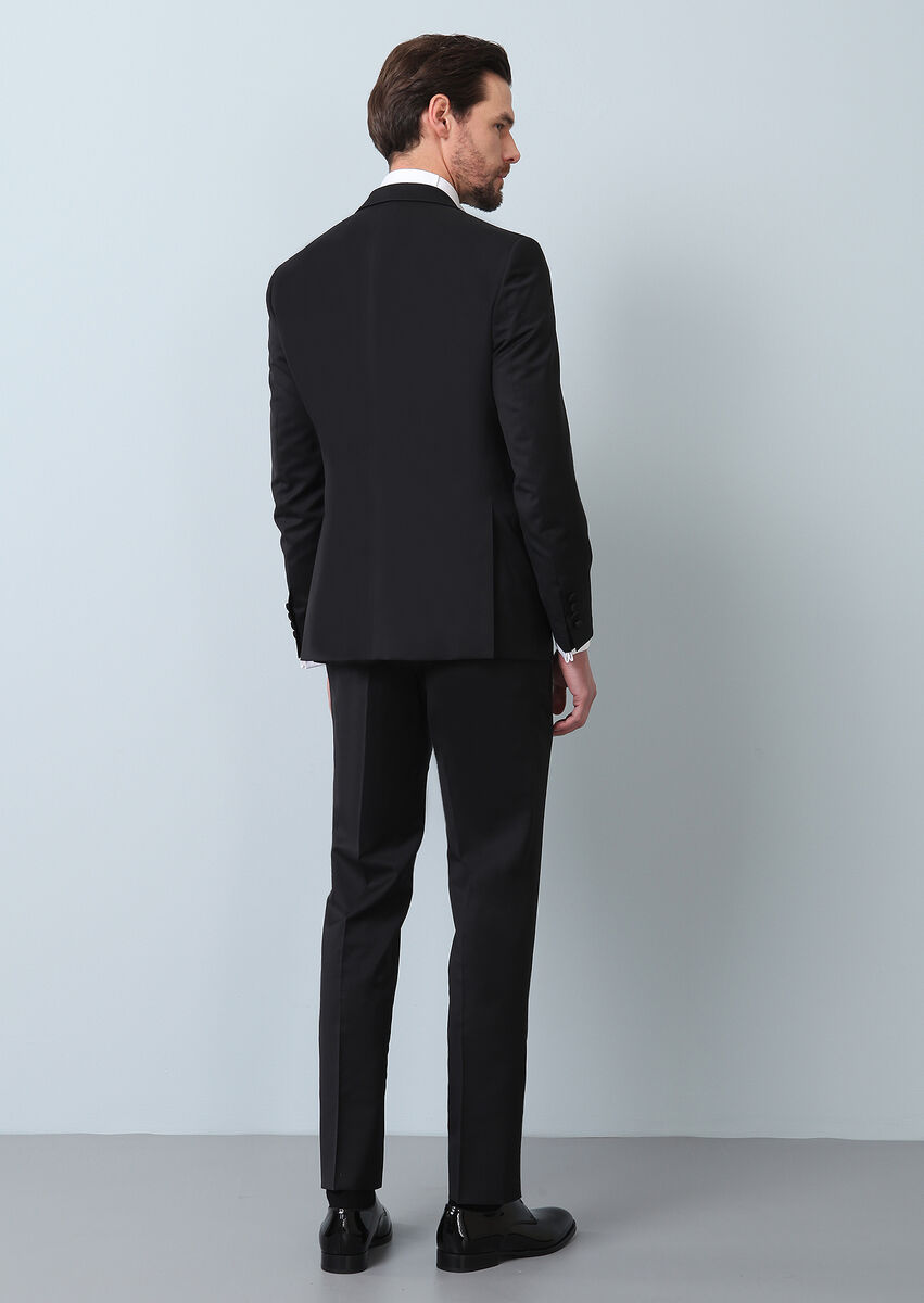 Siyah Desenli Modern Fit Kruvaze Yaka Dokuma Smokin Takım Elbise