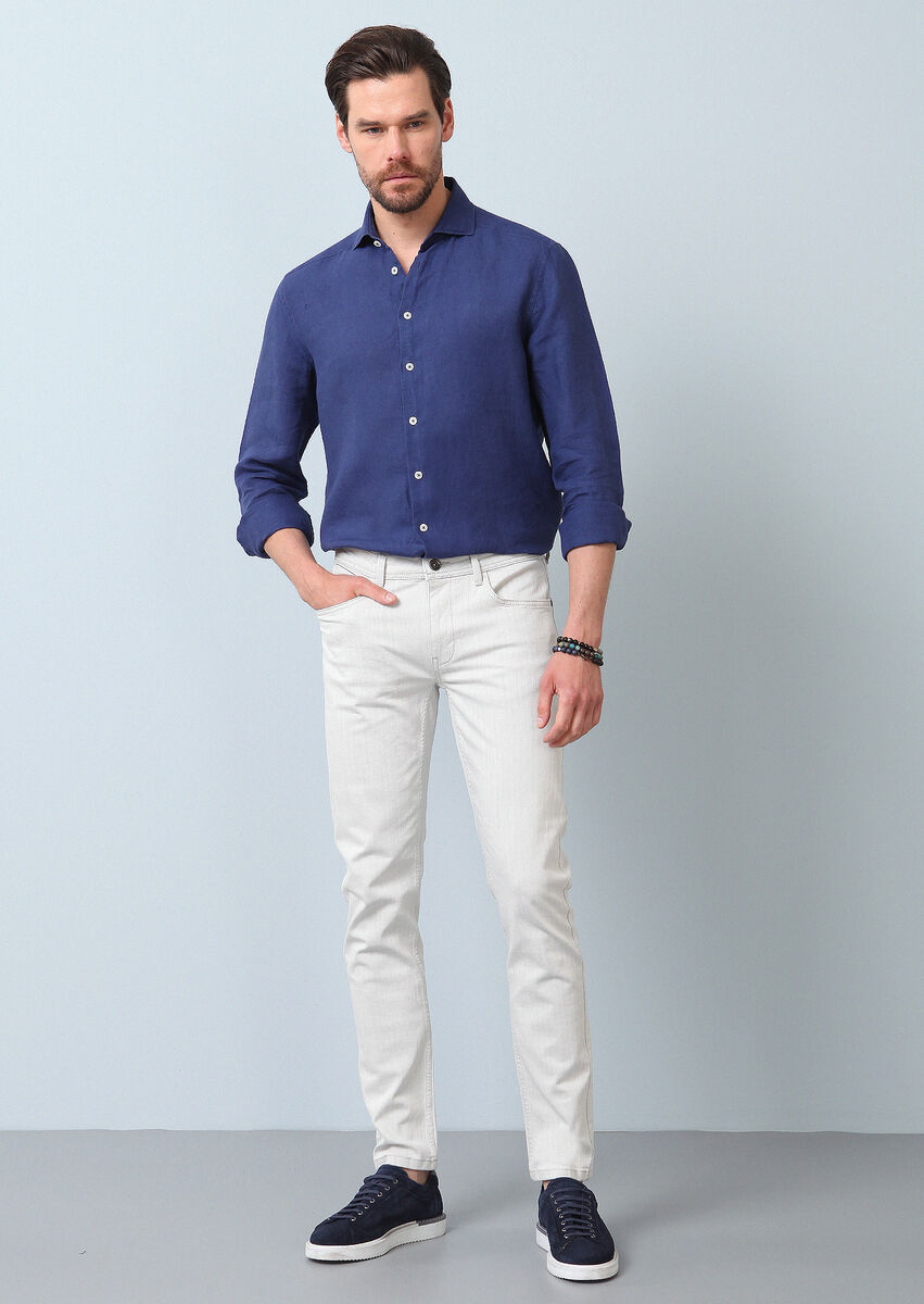 Kırık Beyaz Düz Slim Fit Denim Pamuk Karışımlı Pantolon