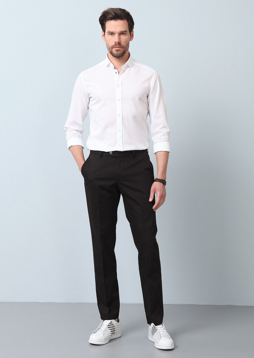 Siyah Düz Dokuma Regular Fit Smart Casual Pamuk Karışımlı Pantolon