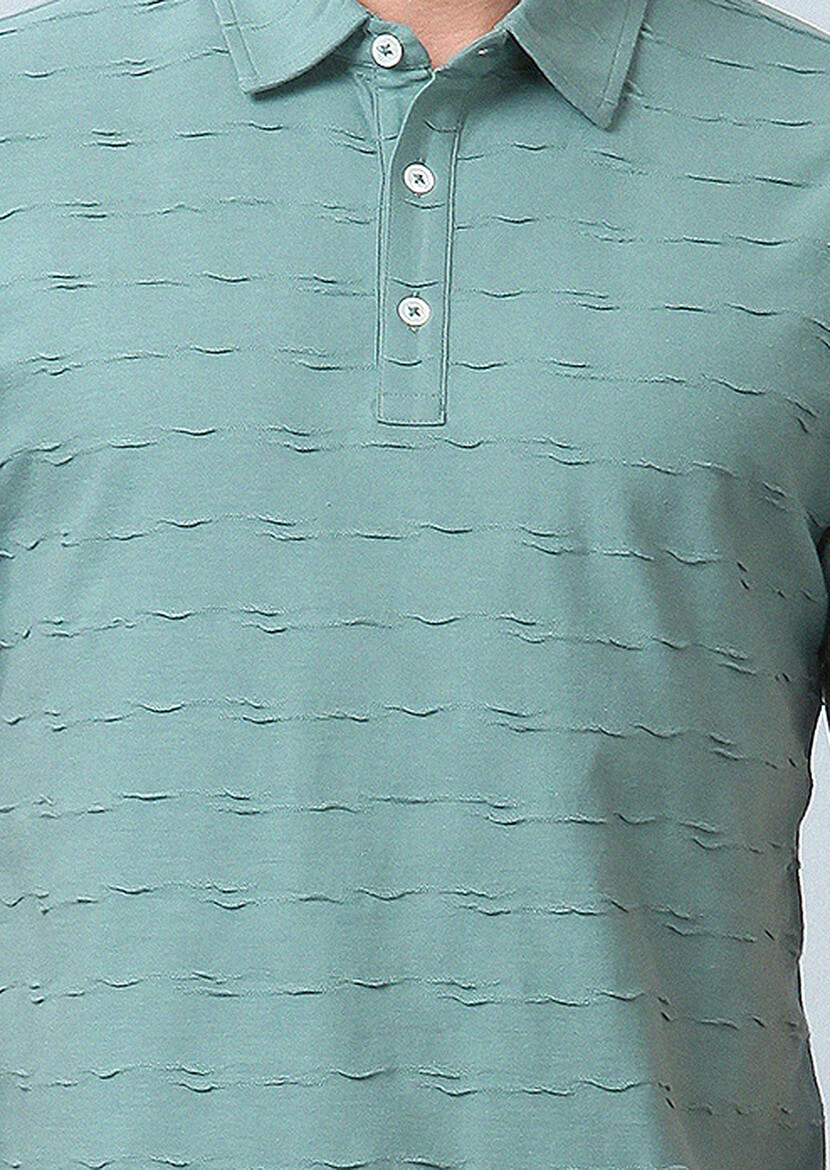 Açık Yeşil Jakarlı Polo Yaka %100 Pamuk T-Shirt - Thumbnail