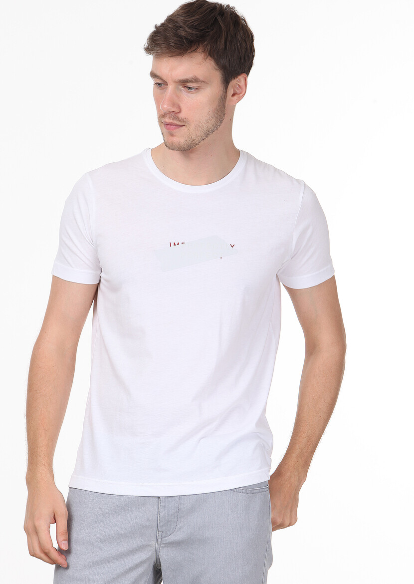 Beyaz Baskılı %100 Pamuk T-Shirt - Thumbnail