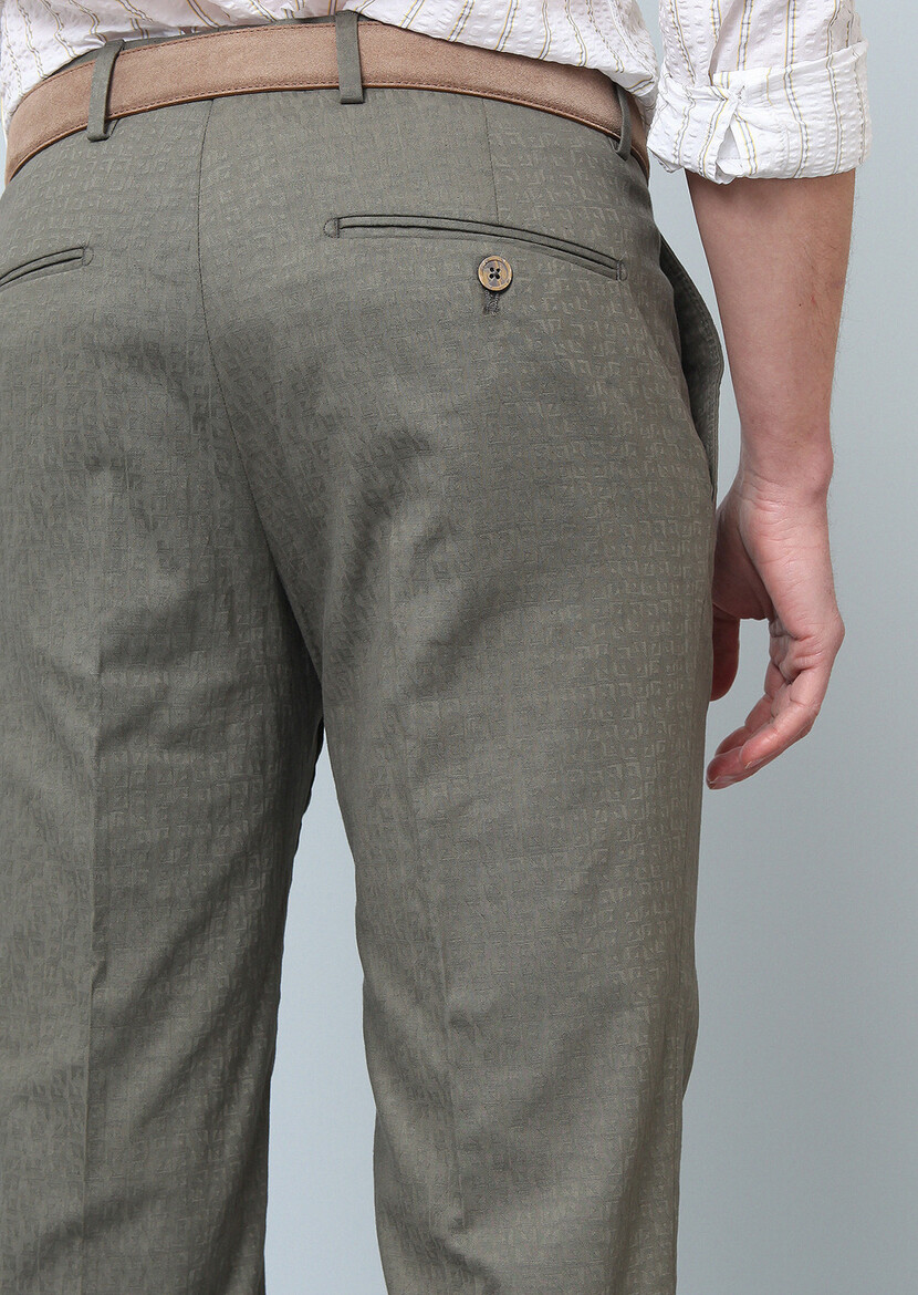 Haki Düz Kumaş Modern Fit Klasik Pamuk Karışımlı Pantolon - Thumbnail