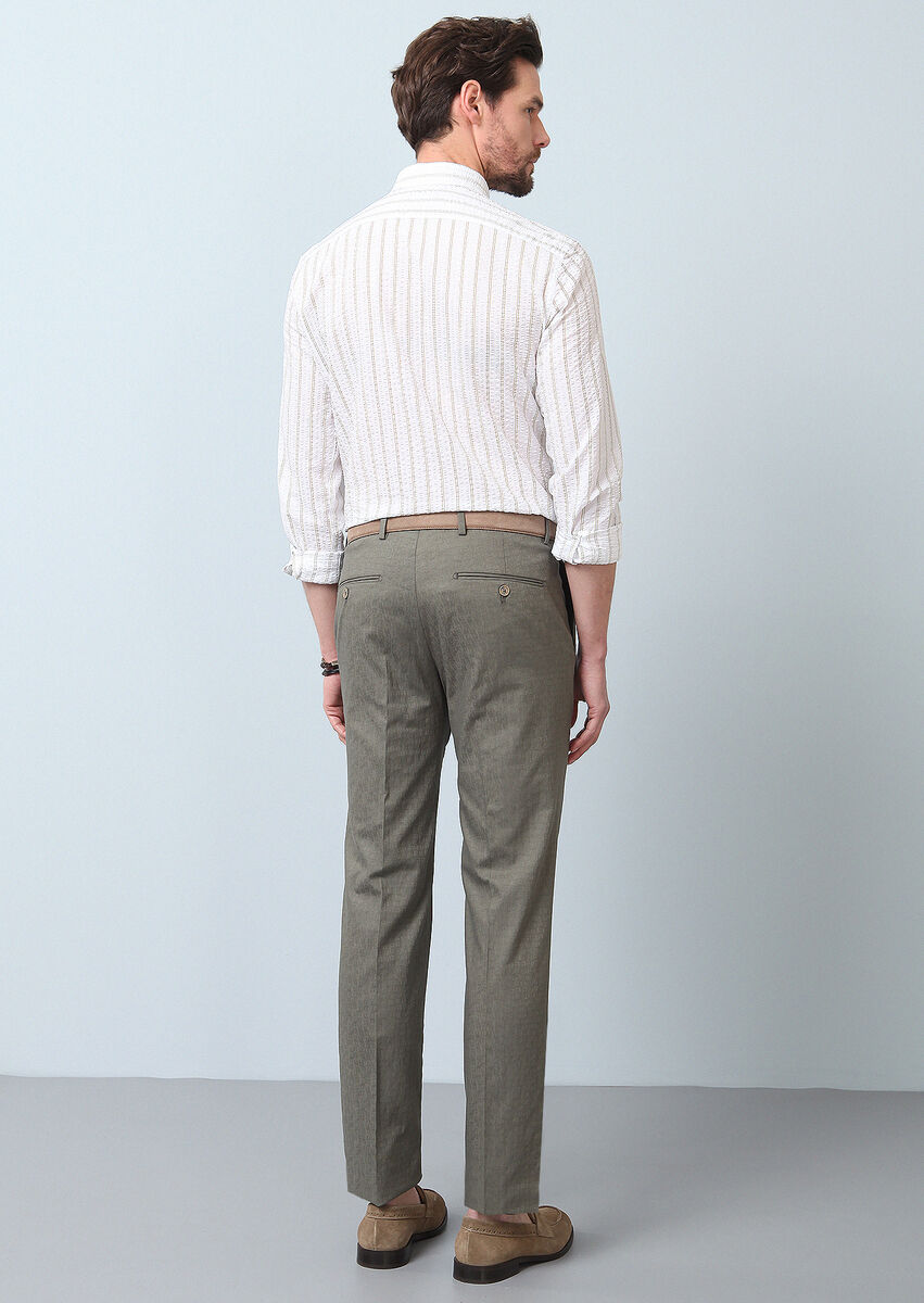 Haki Düz Kumaş Modern Fit Klasik Pamuk Karışımlı Pantolon