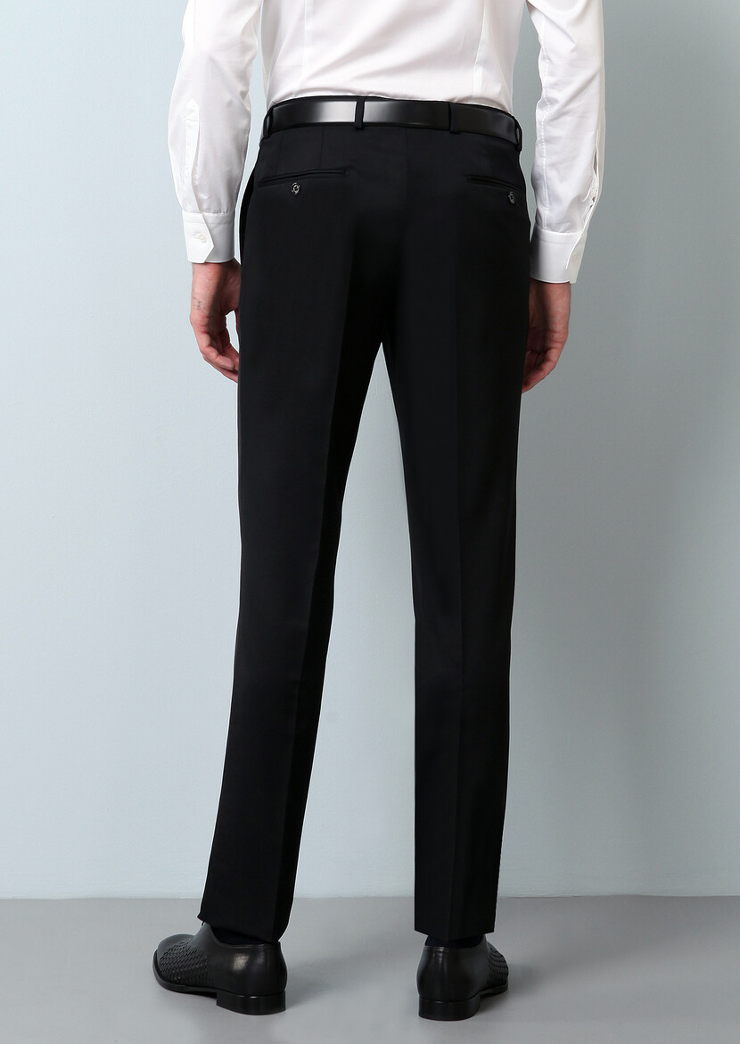 Siyah Düz Kumaş Regular Fit Klasik %100 Yün Pantolon - Thumbnail