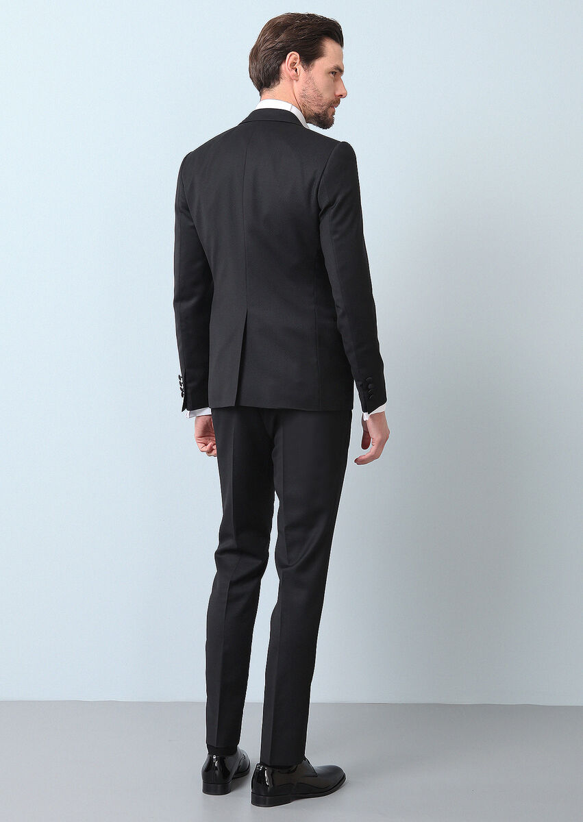 Siyah Desenli Fashion Slim Fit Kruvaze Yaka Dokuma Smokin Takım Elbise