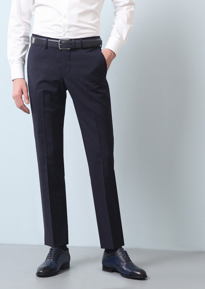 Lacivert Düz Kumaş Modern Fit Klasik %100 Yün Pantolon - Thumbnail