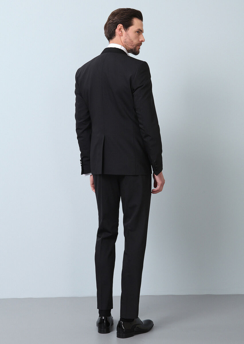Siyah Düz Fashion Slim Fit Kruvaze Yaka Dokuma Smokin Takım Elbise
